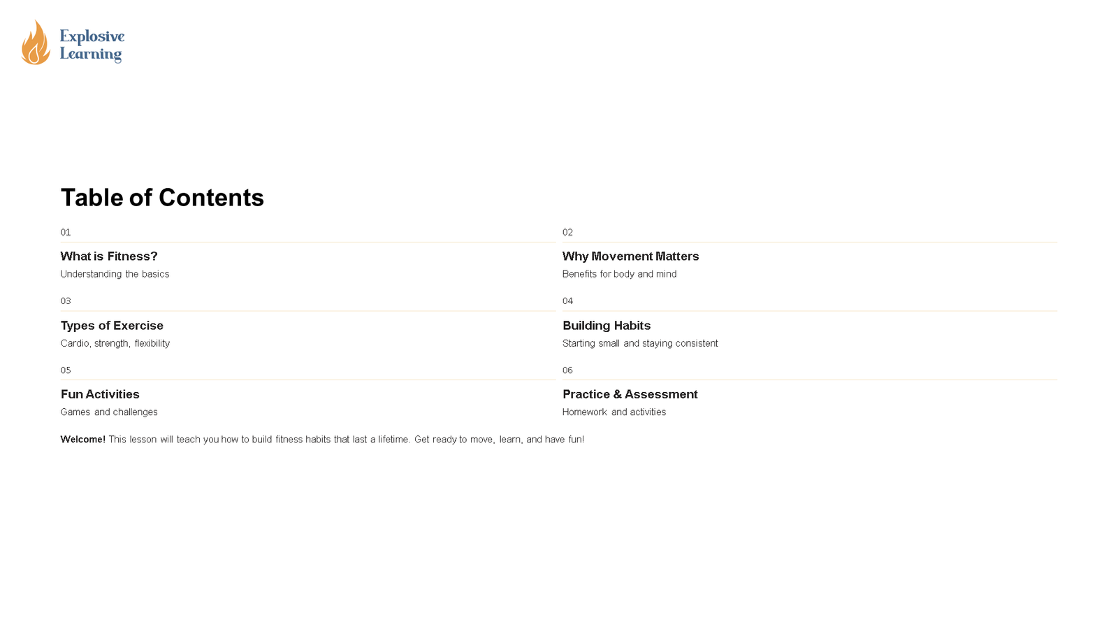 Fitness lesson table of contents slide