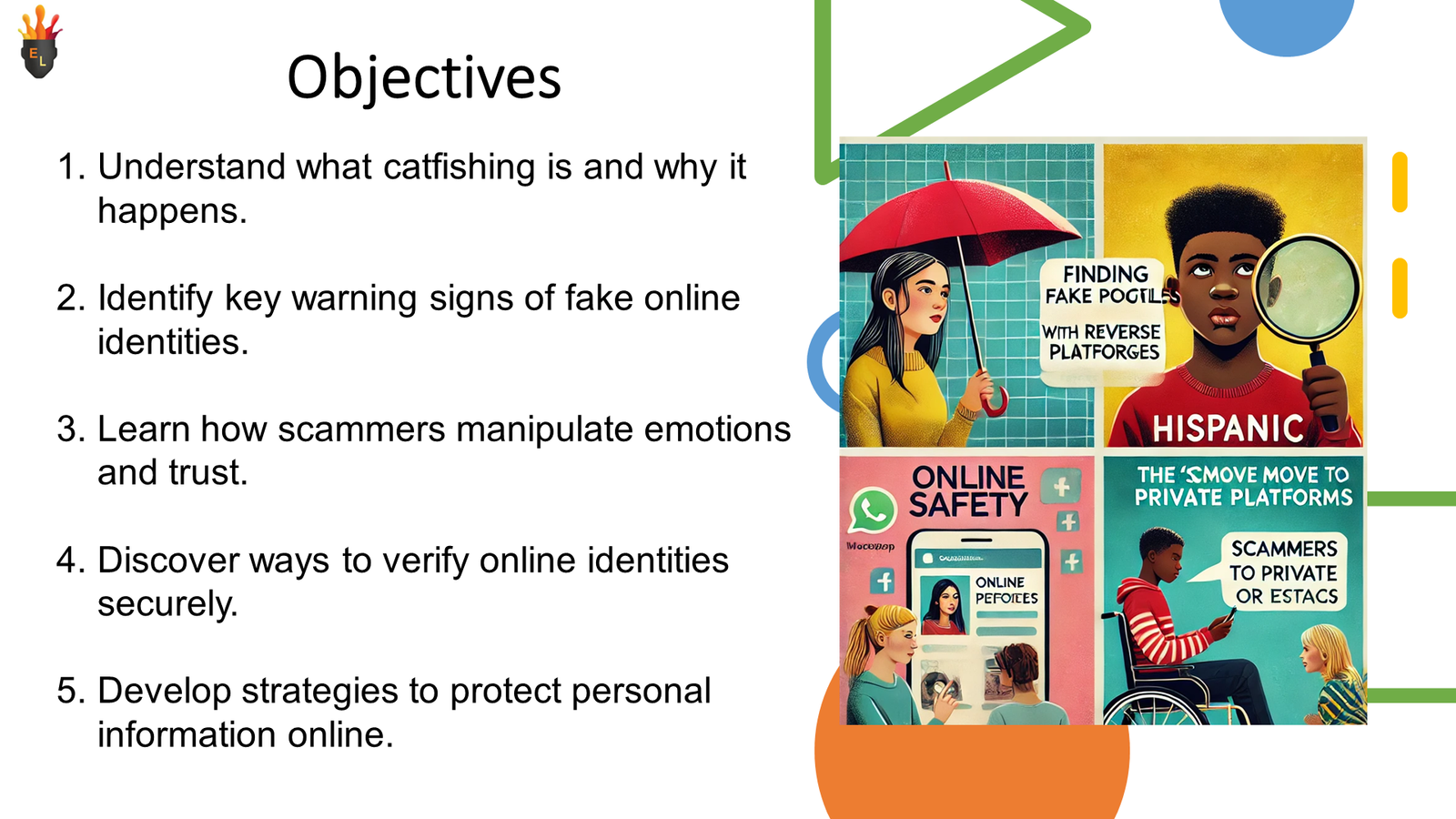 Presentation slide on catfishing and online safety objectives