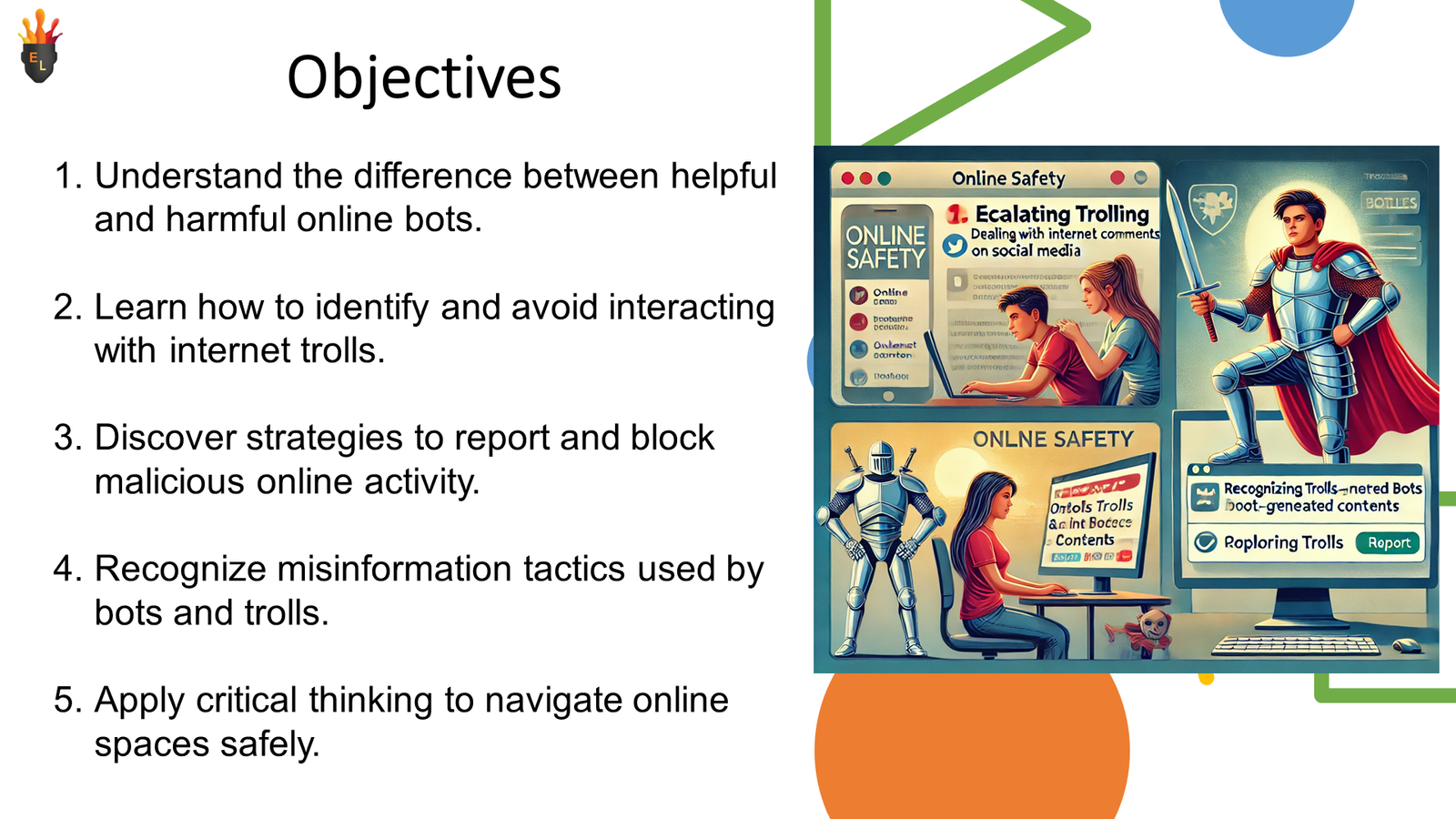 Online safety objectives with anti-trolling illustration