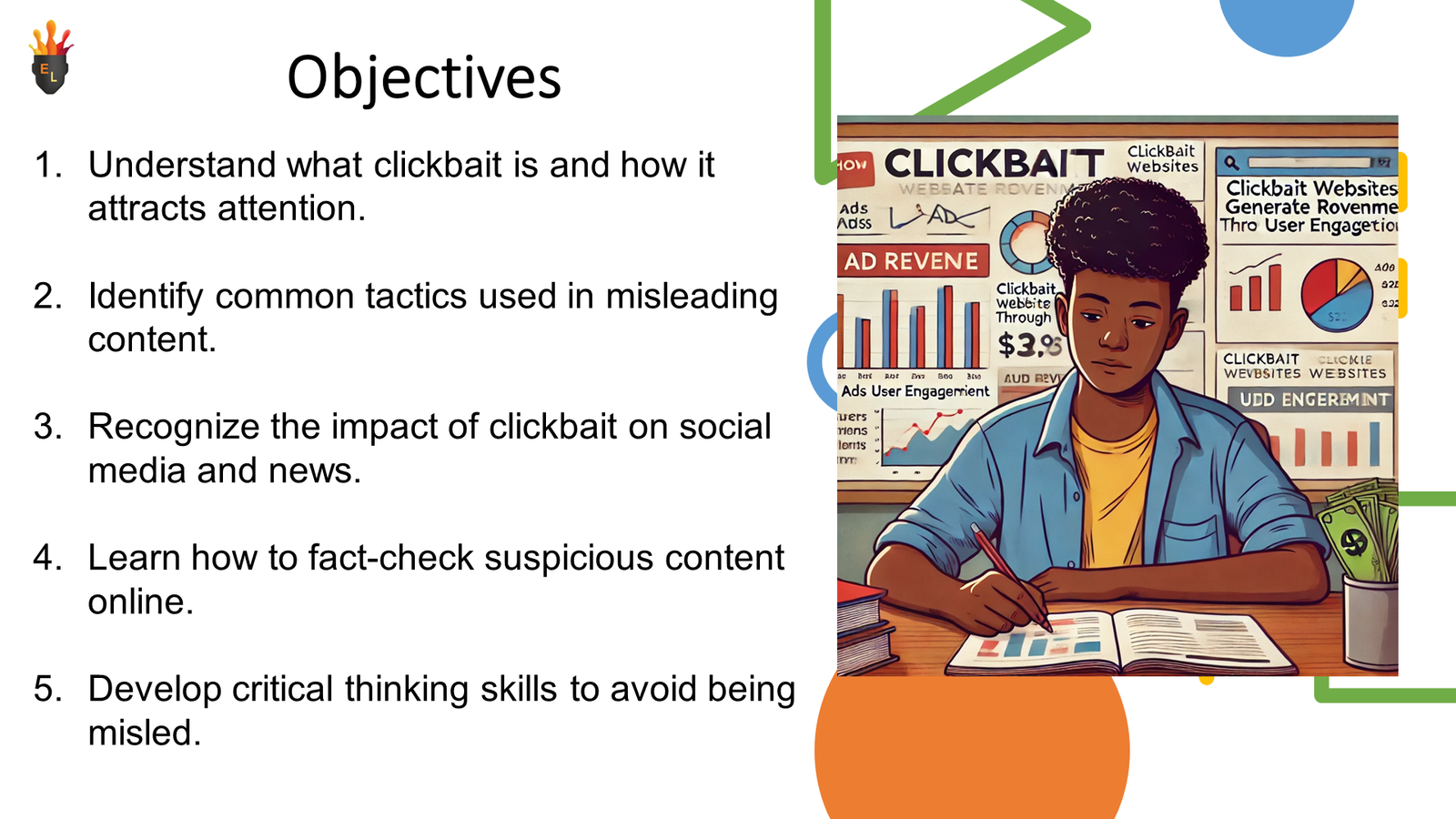 Student studying with clickbait charts behind