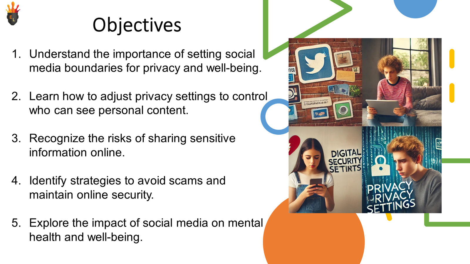 Slide on social media privacy and security objectives