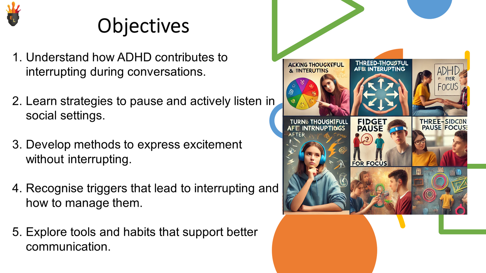 ADHD communication objectives slide with strategies collage