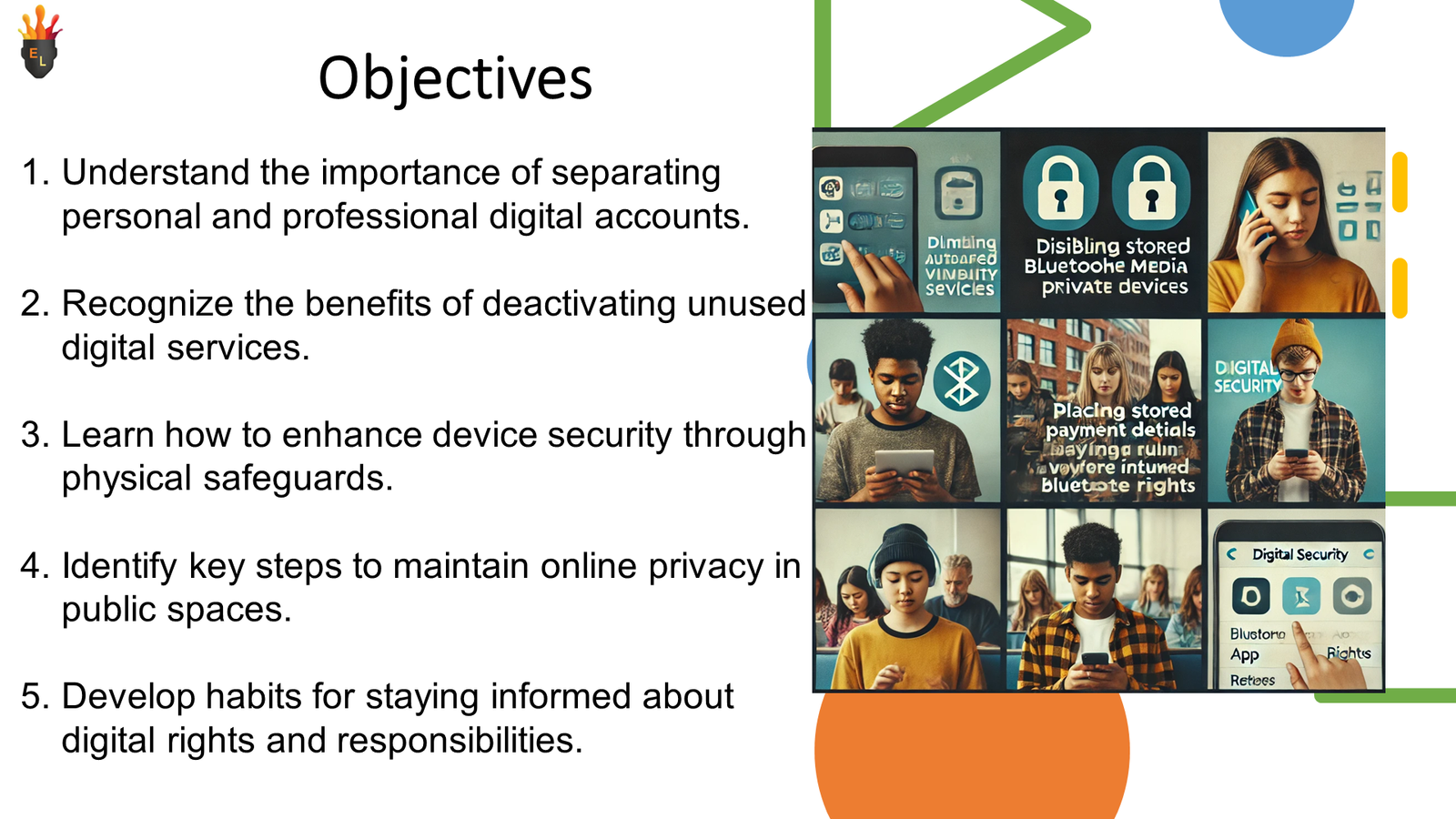 Digital security objectives slide with privacy illustrations
