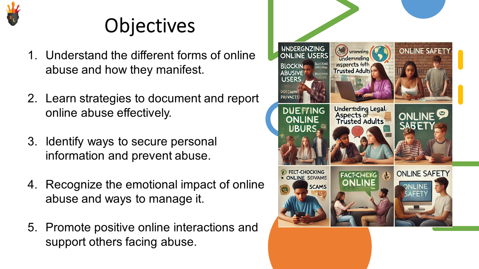 Online safety objectives presentation slide with student images