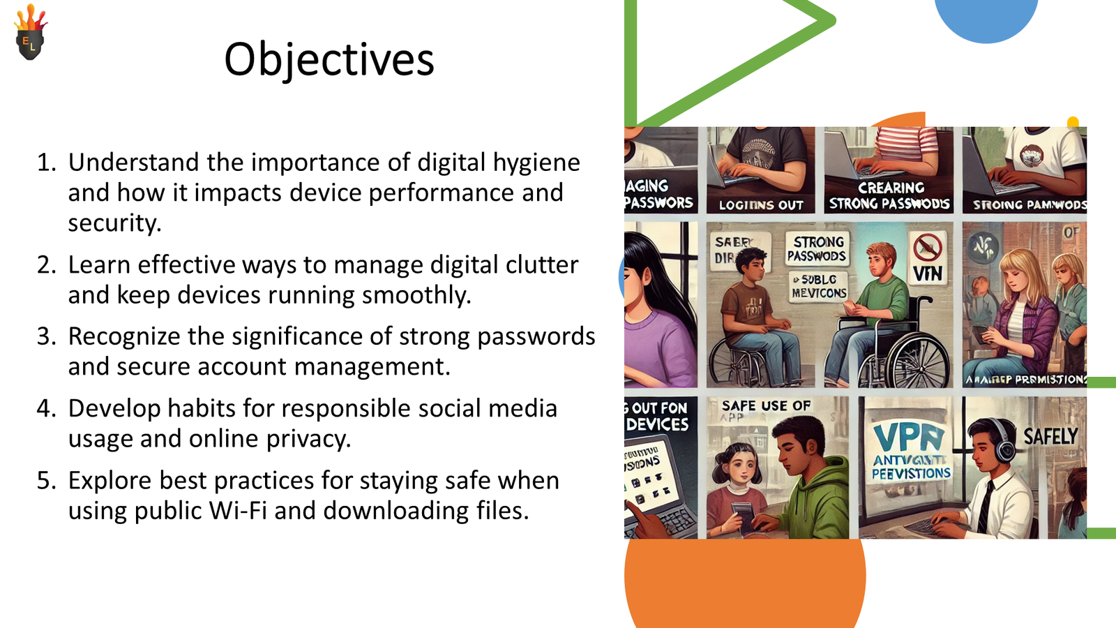 Slide showing digital hygiene objectives and security illustrations