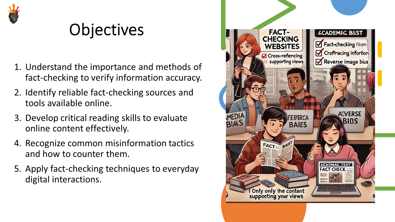 Presentation slide on fact-checking objectives and media bias