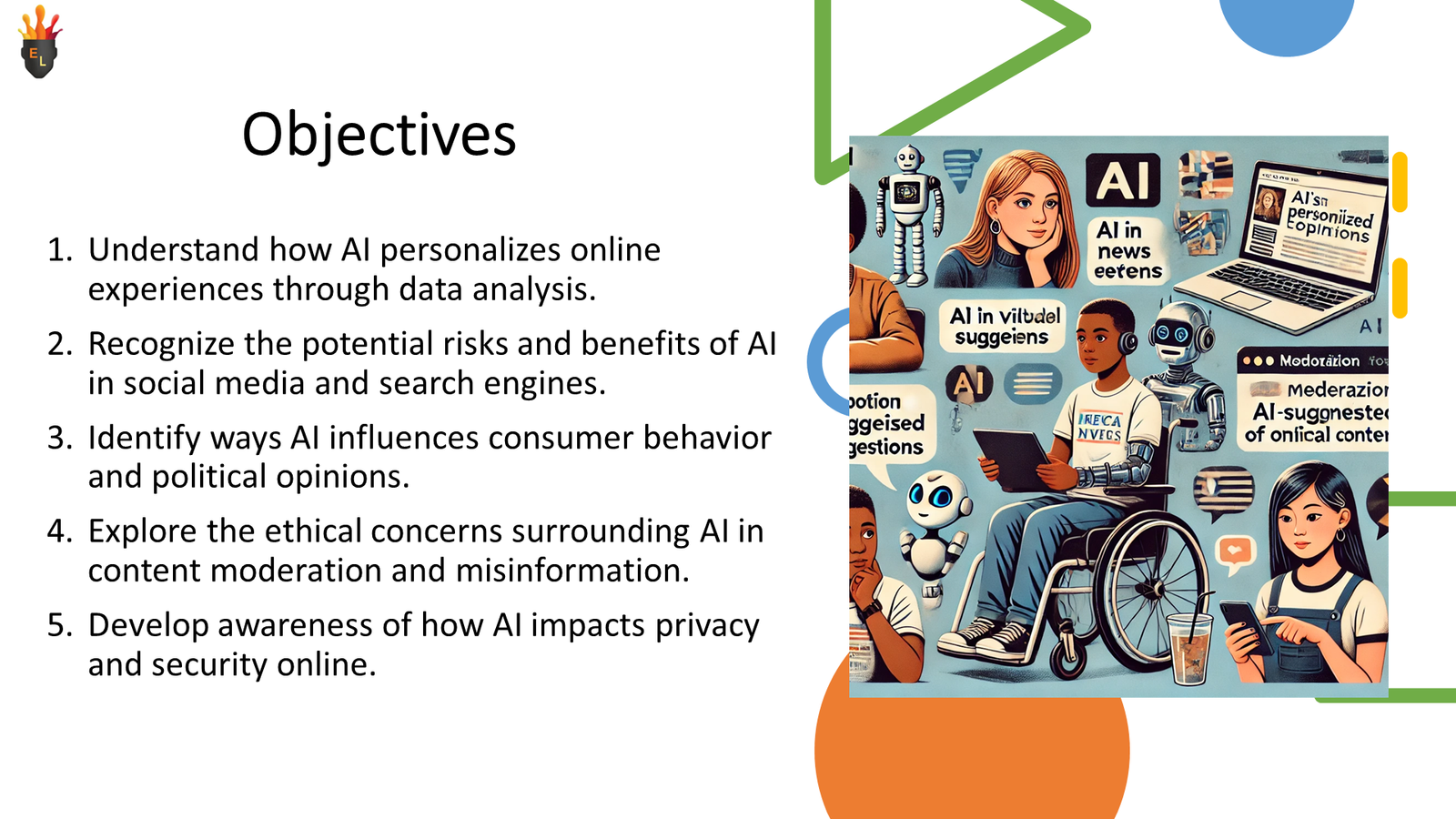 Presentation slide on AI objectives with illustrative graphic