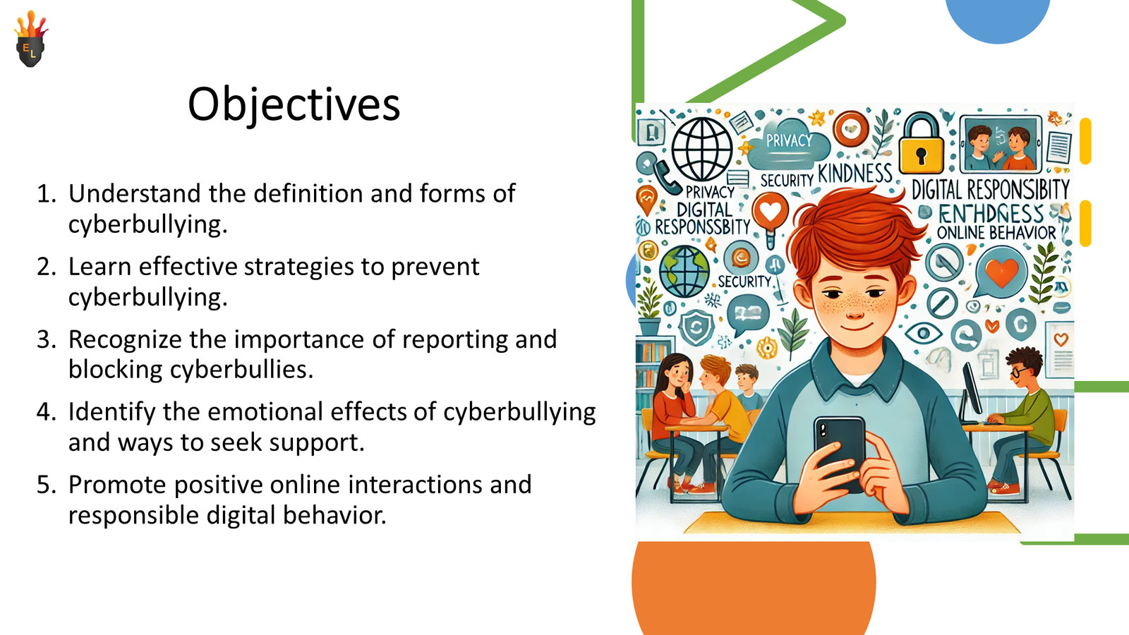 Cyberbullying awareness objectives with digital responsibility illustration