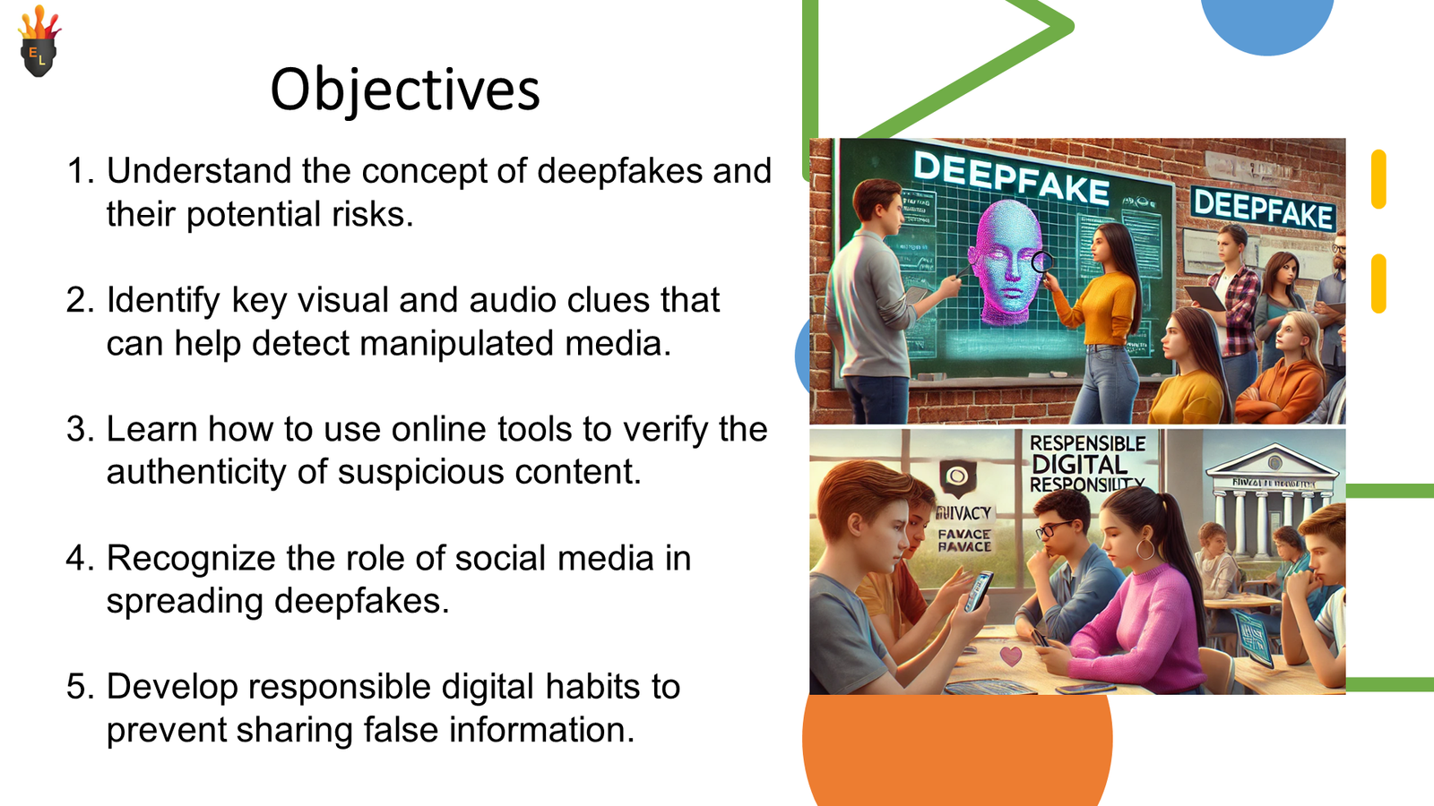 Presentation slide about deepfakes and digital responsibility