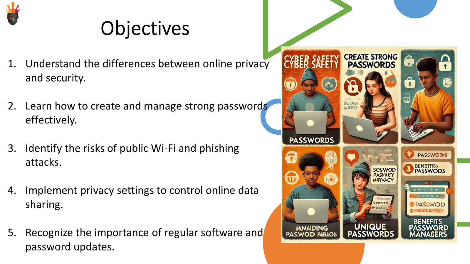 Online safety objectives with cyber security illustrations
