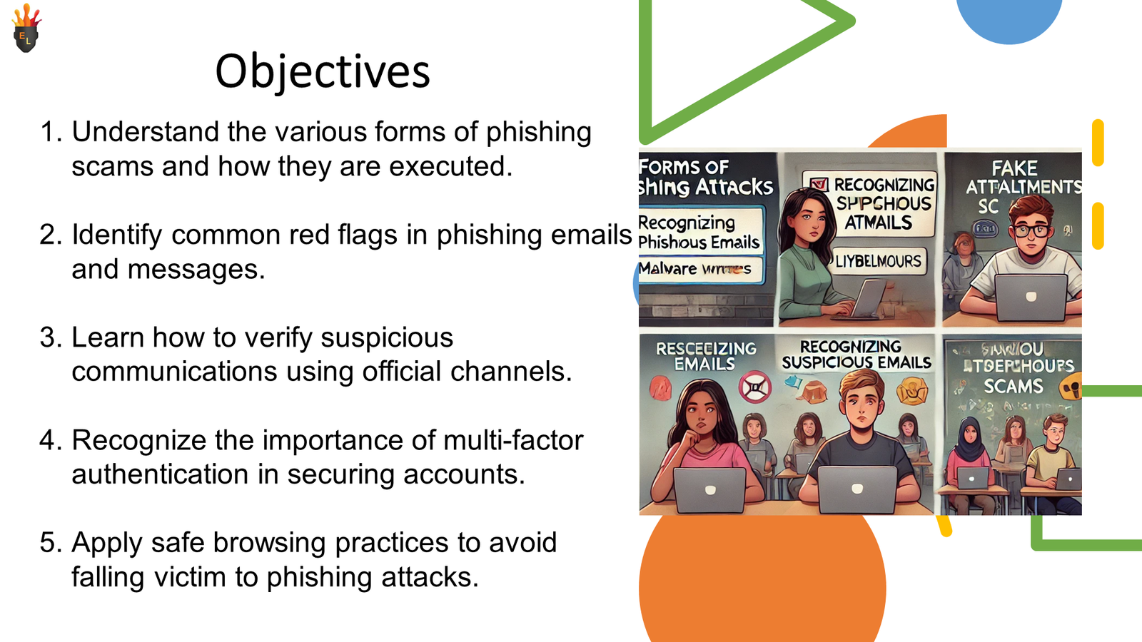 Phishing awareness training objectives slide with illustrations