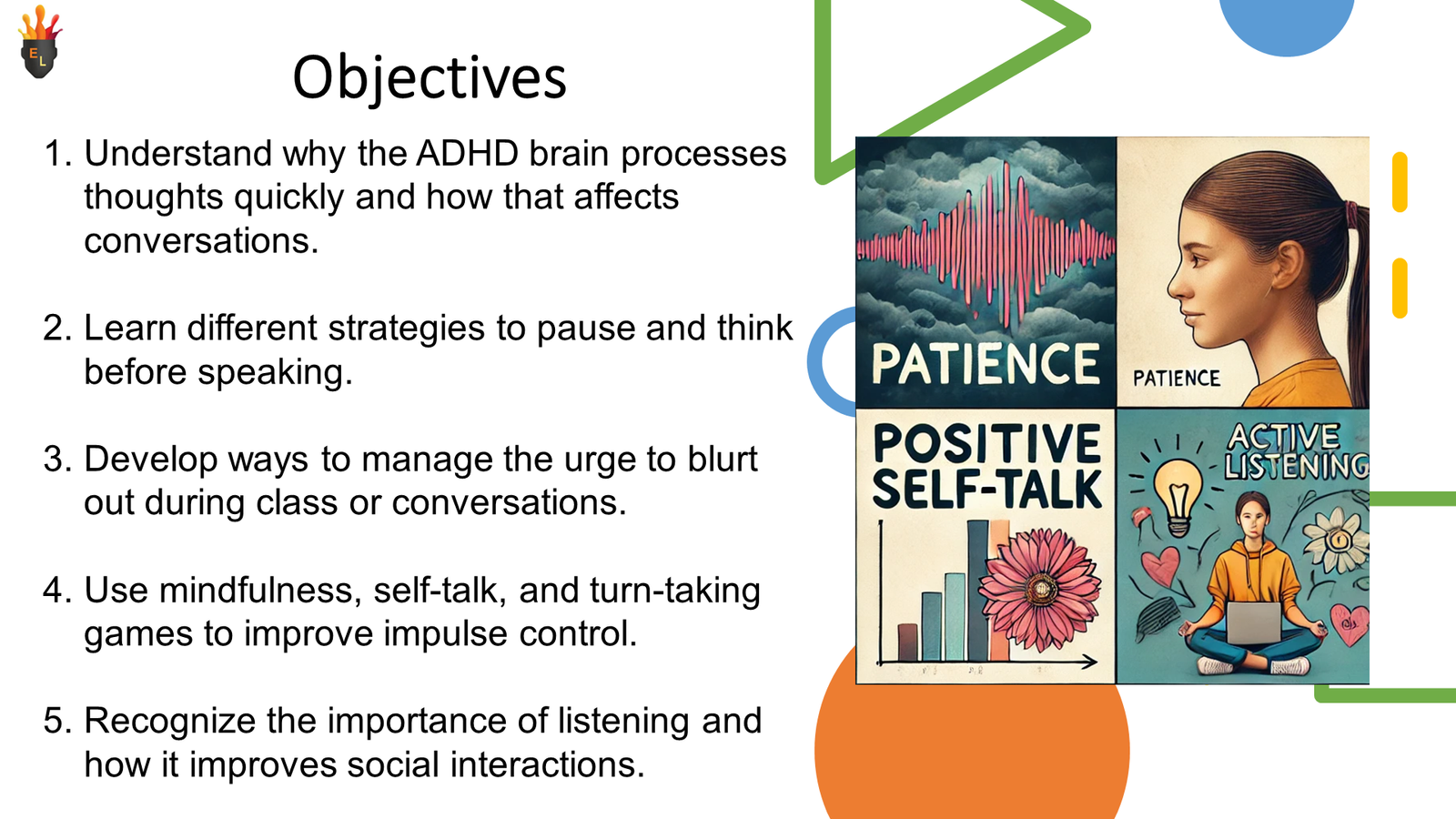 ADHD lesson objectives with patience and listening poster