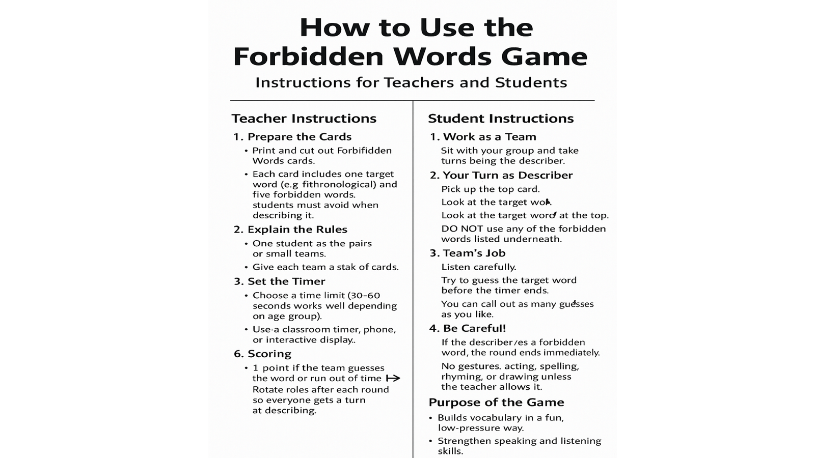 Forbidden Words game instructions for teachers and students