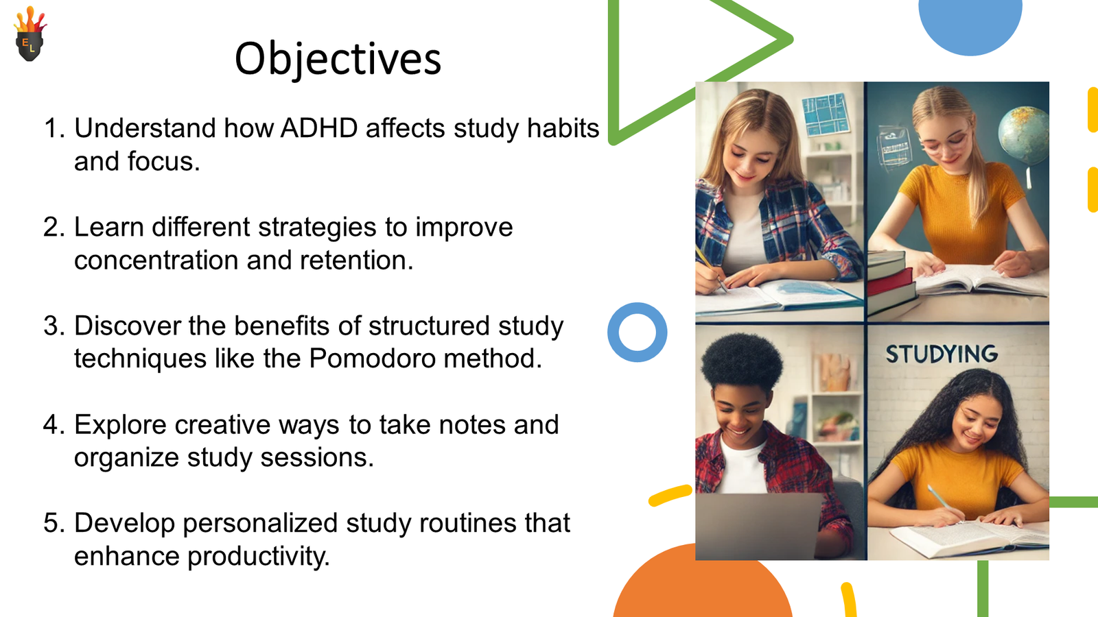 Slide showing ADHD study objectives and students studying