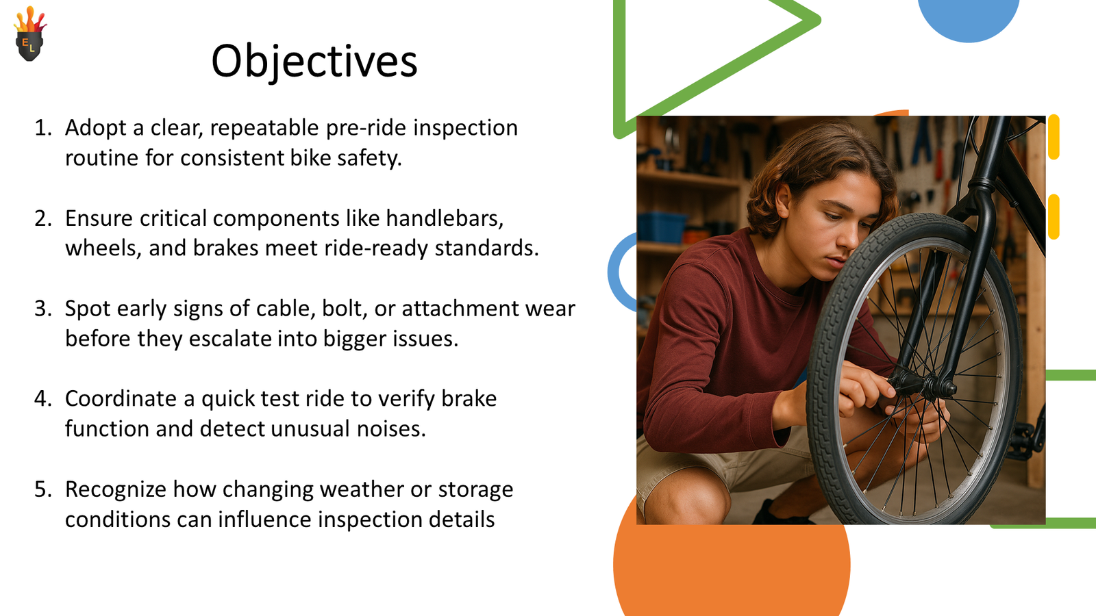 Teenager inspecting bicycle wheel in workshop