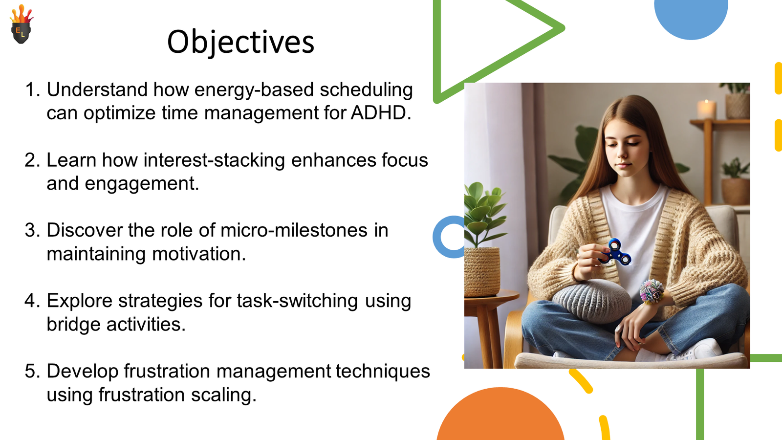 Presentation slide on ADHD time management objectives