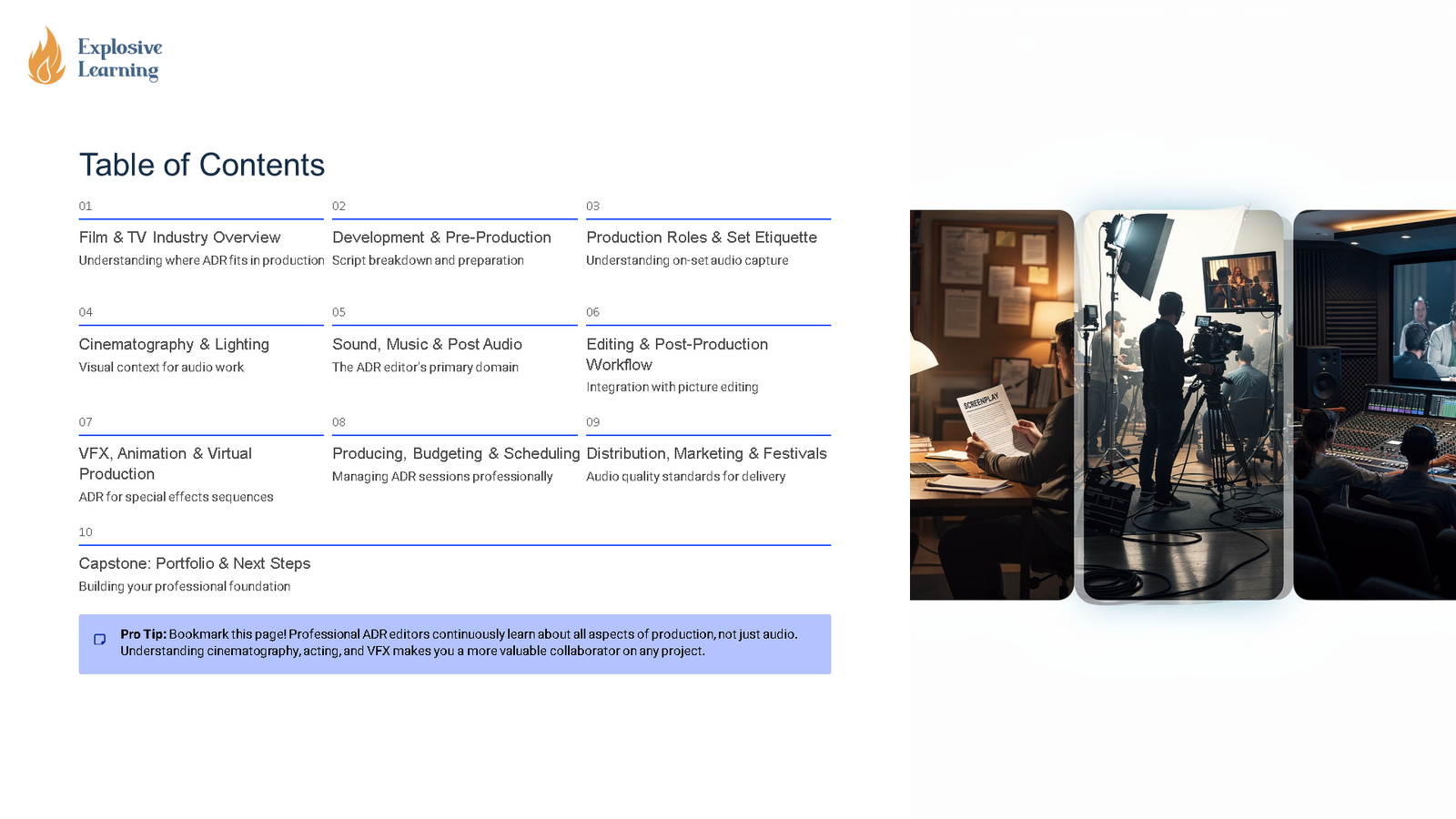 Film production course table of contents page