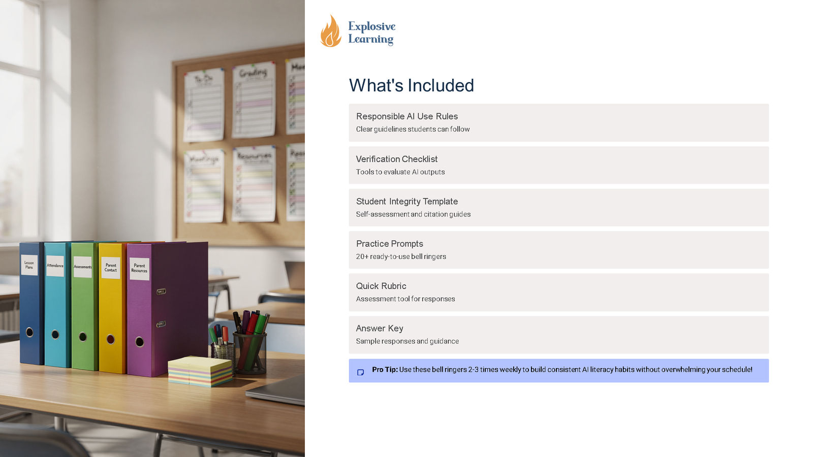 Classroom desk with folders and AI resource list