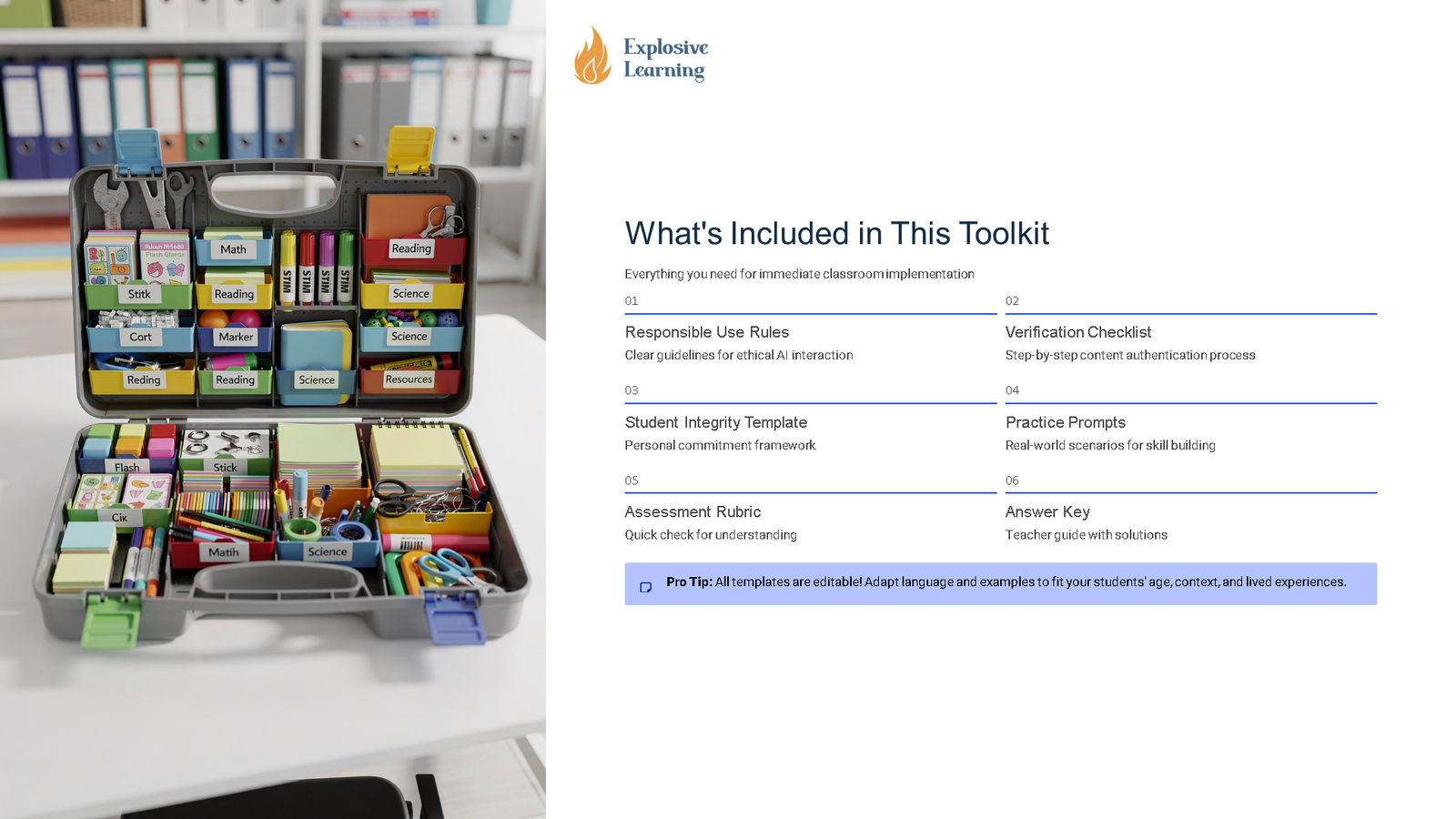 Organised classroom toolkit with labelled teaching supplies