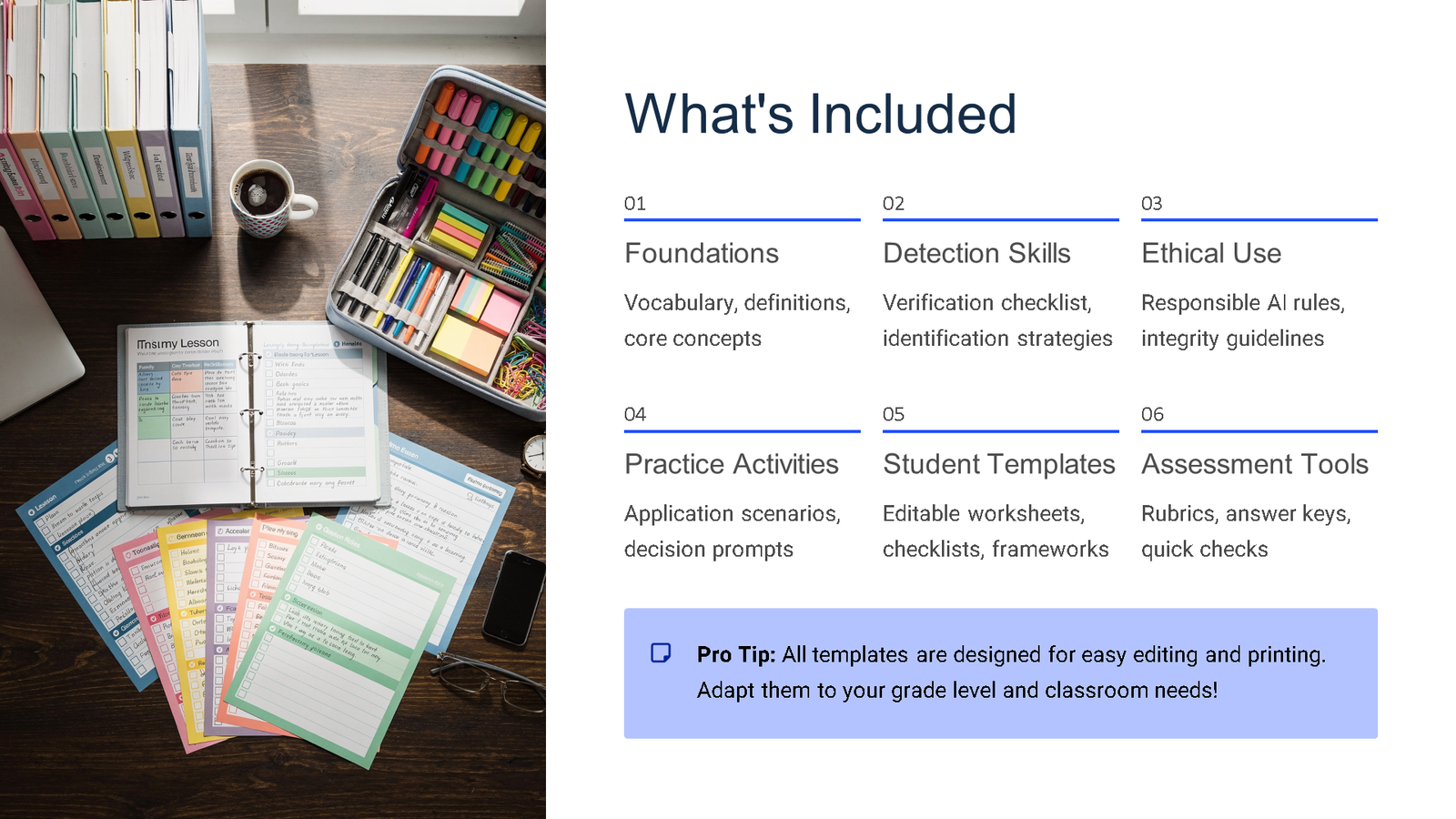 Educational resources and stationery on classroom desk