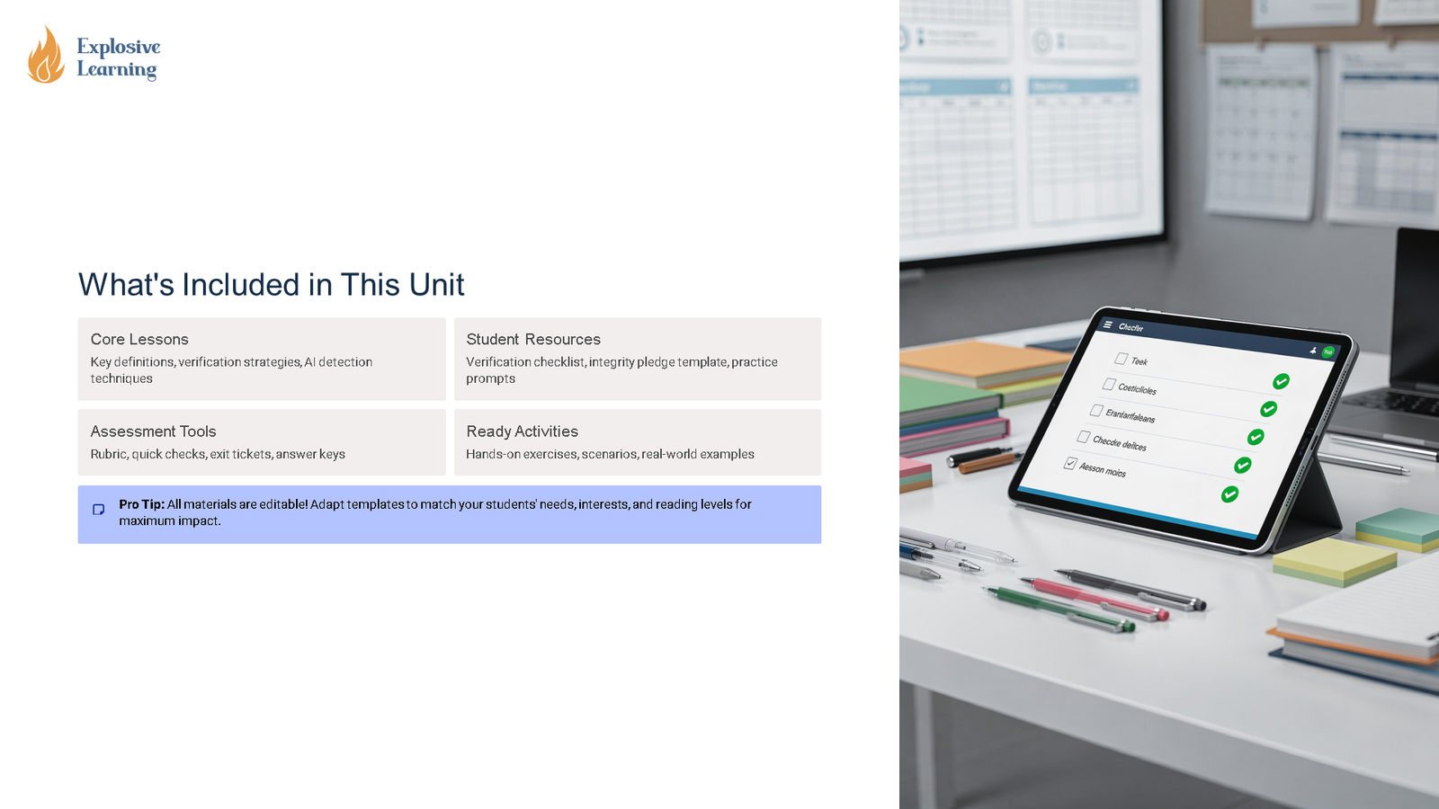 Education unit overview slide with tablet checklist on desk