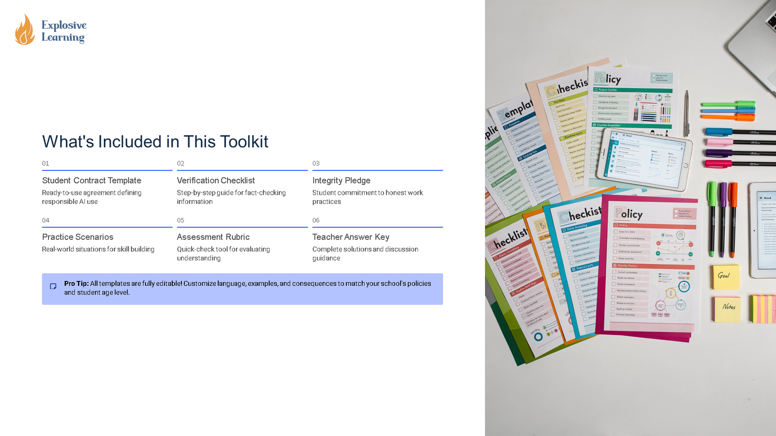 Educational toolkit documents with tablet and stationery