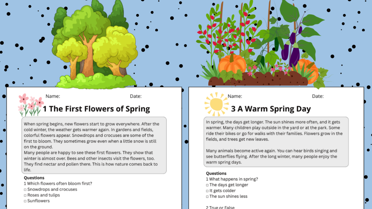 Spring reading comprehension worksheets for ages 7–8