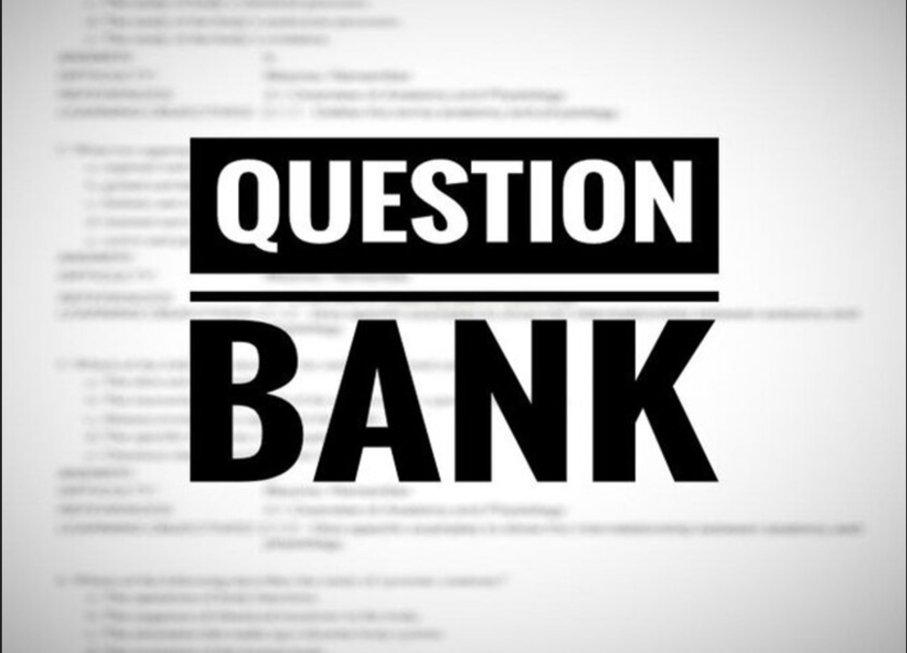 Bold Question Bank text over blurred document