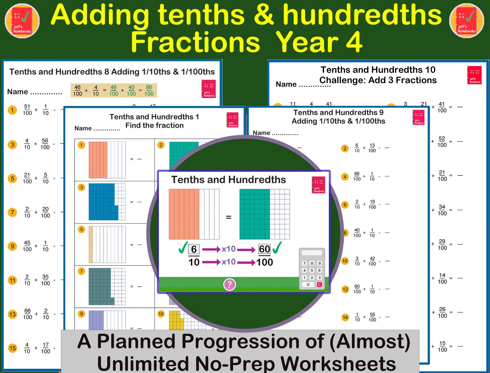 Year 4 fractions tenths and hundredths worksheets