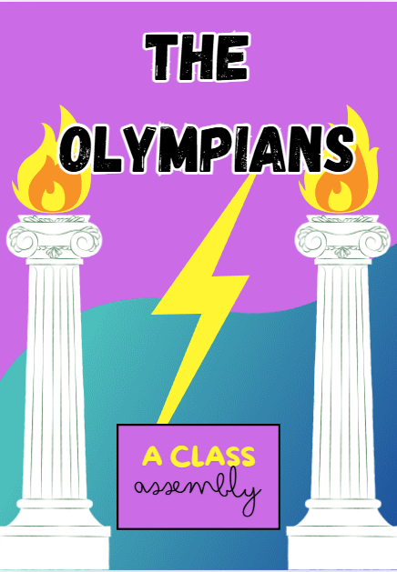 The Olympians school assembly poster with lightning bolt
