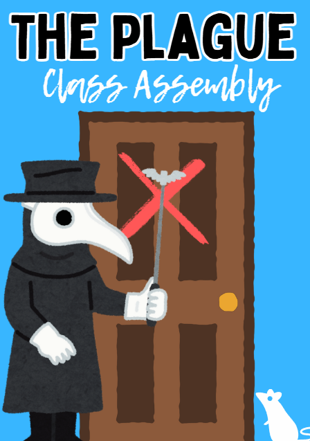 Cartoon plague doctor with red cross on door