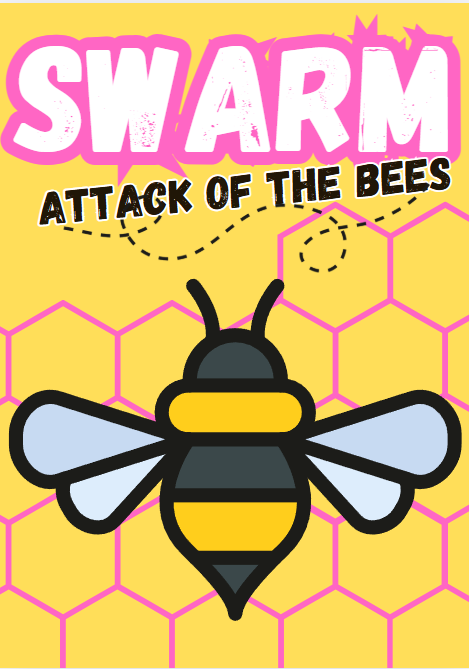 Cartoon bee with swarm attack title