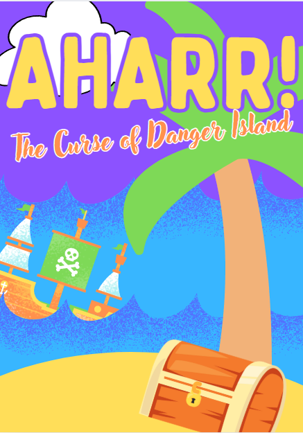 Colourful pirate island poster with treasure chest