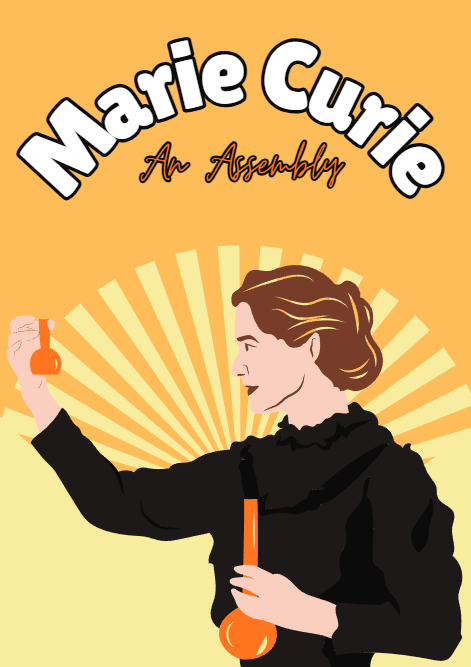 Illustration of Marie Curie holding laboratory glassware