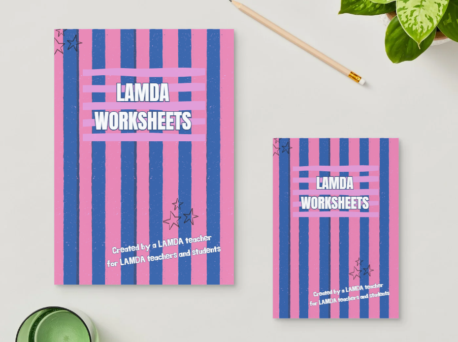 Pink and blue LAMDA worksheets on desk