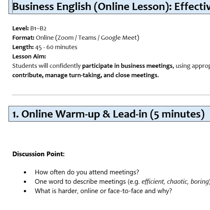 Business English online lesson worksheet with discussion points