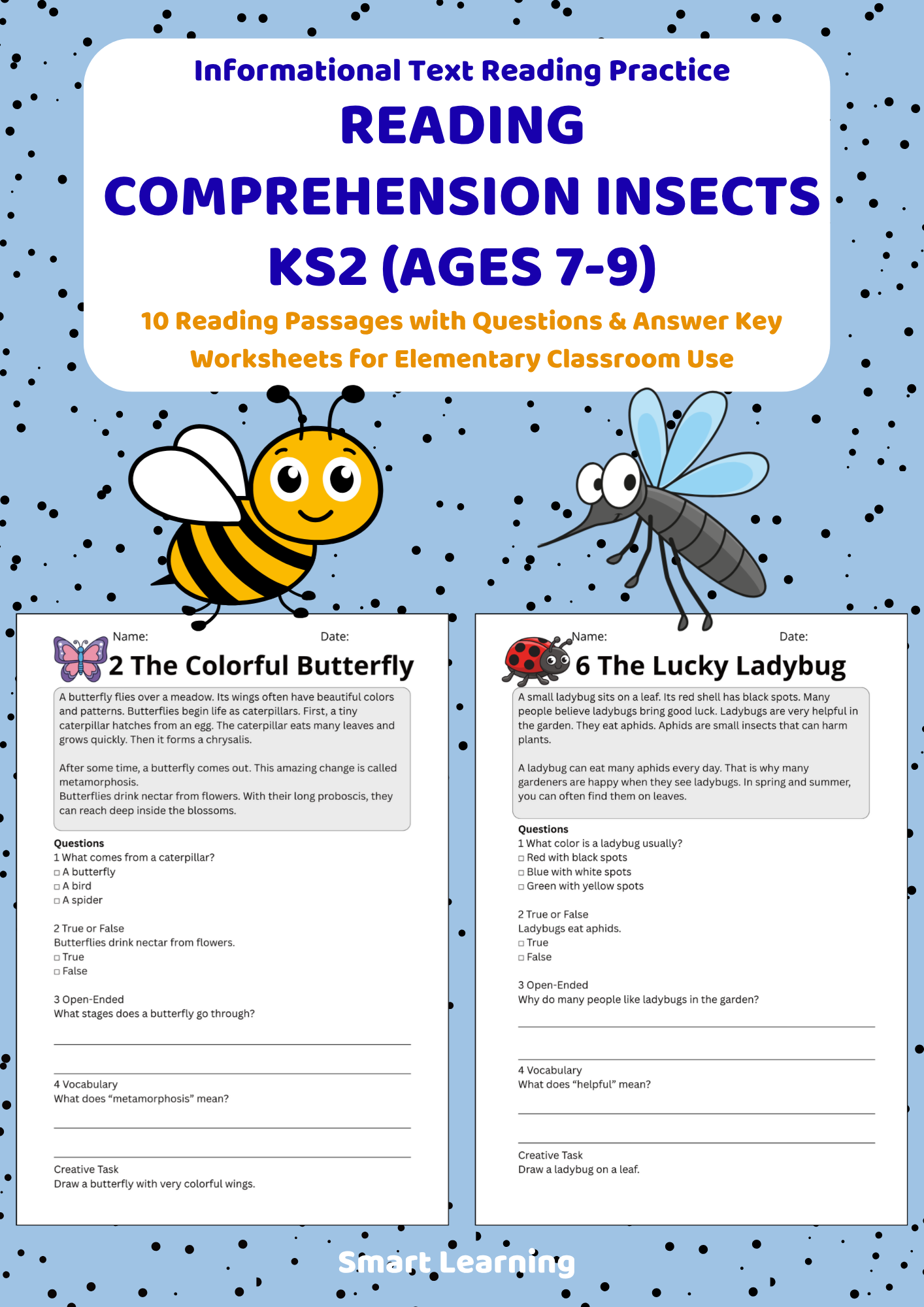 KS2 insect reading comprehension worksheets poster