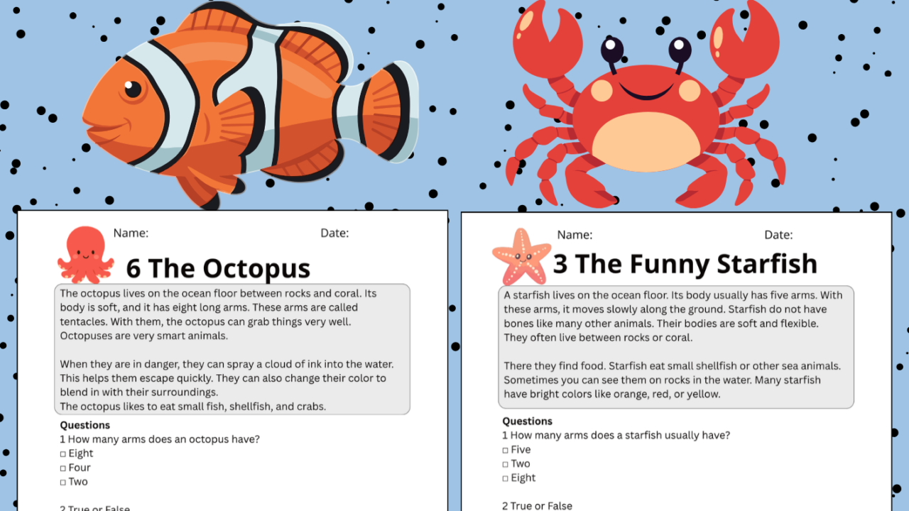 Ocean animals KS2 reading comprehension worksheets poster