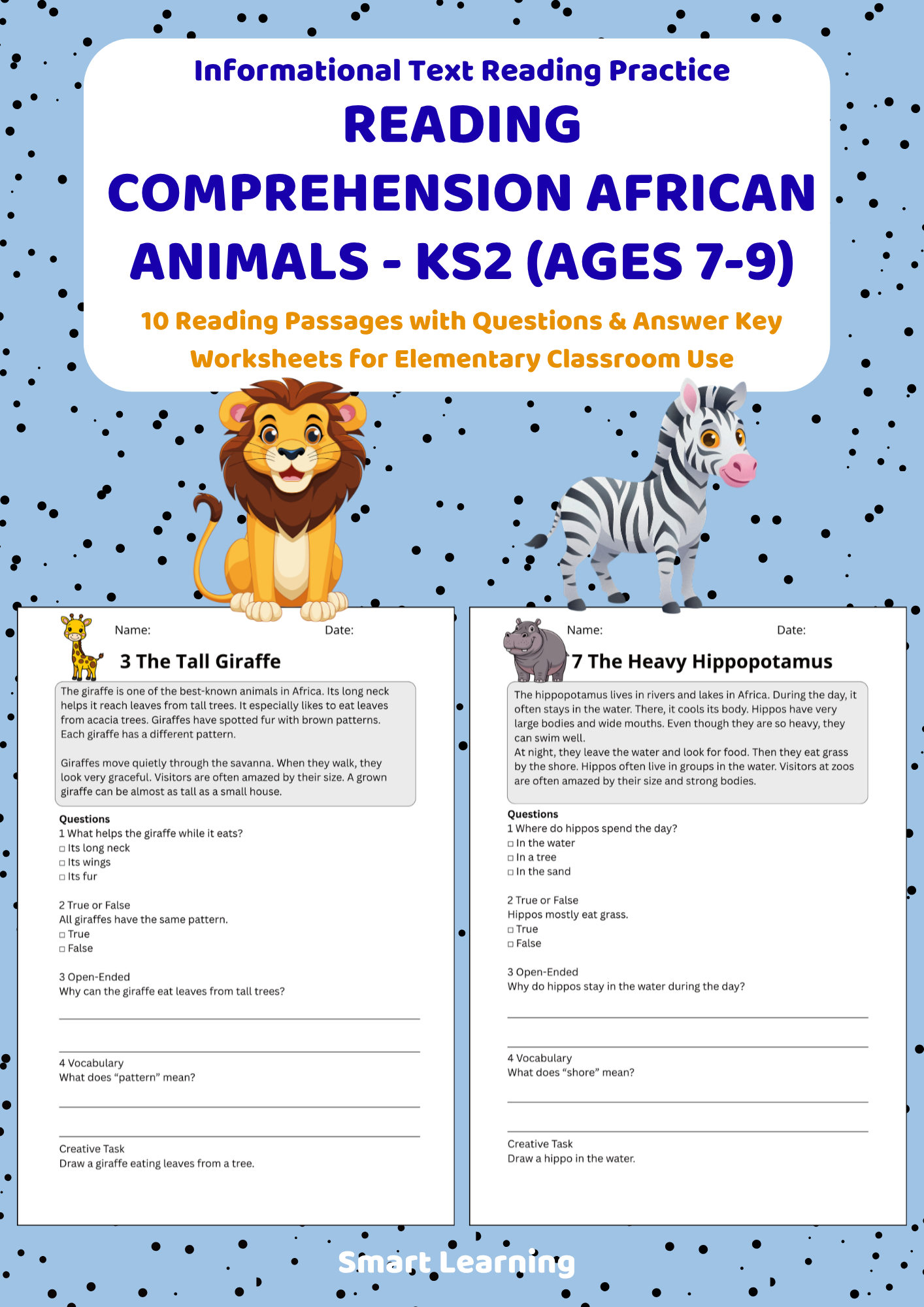 KS2 African animals reading comprehension worksheet cover
