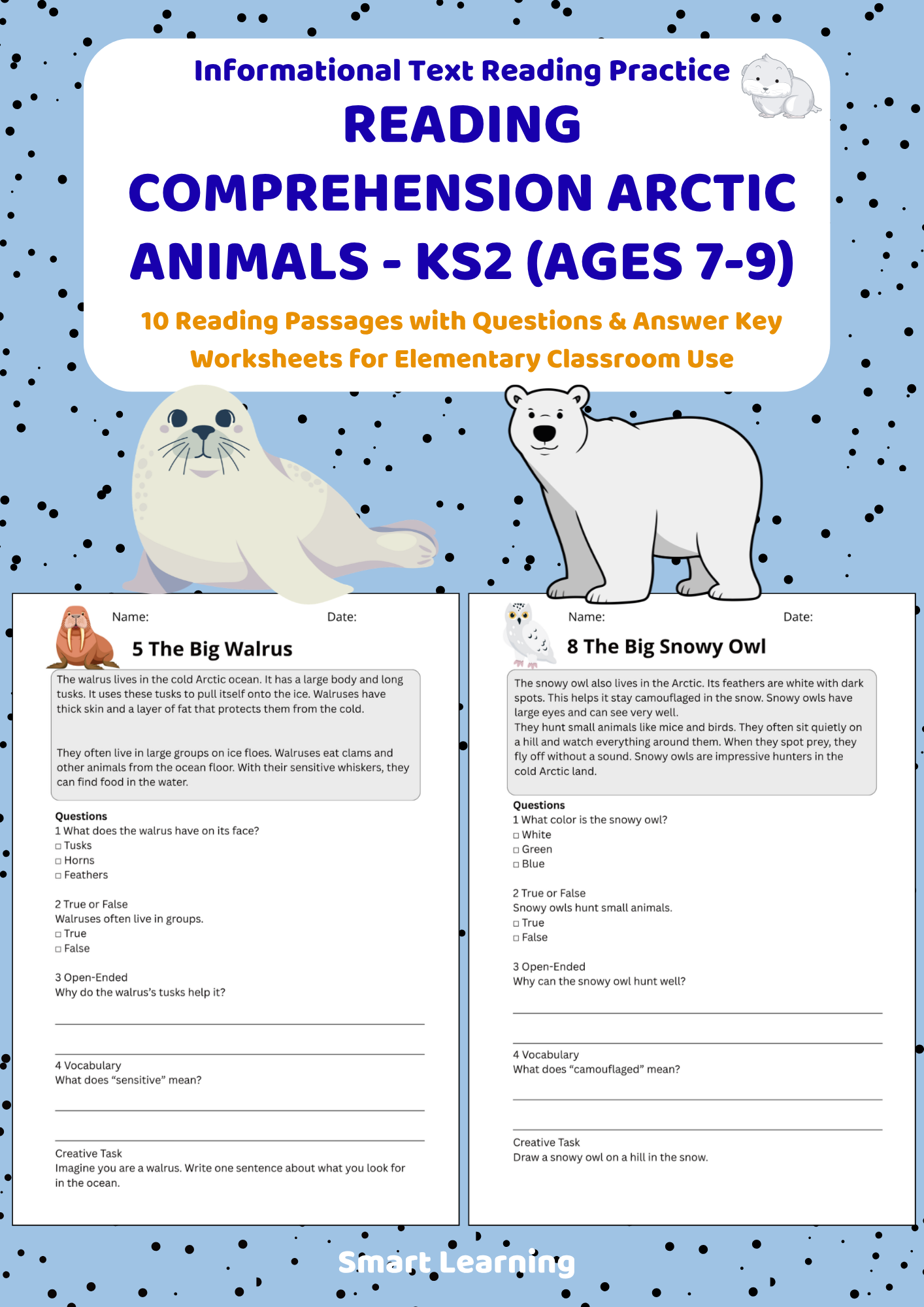 KS2 Arctic animals reading comprehension worksheet cover