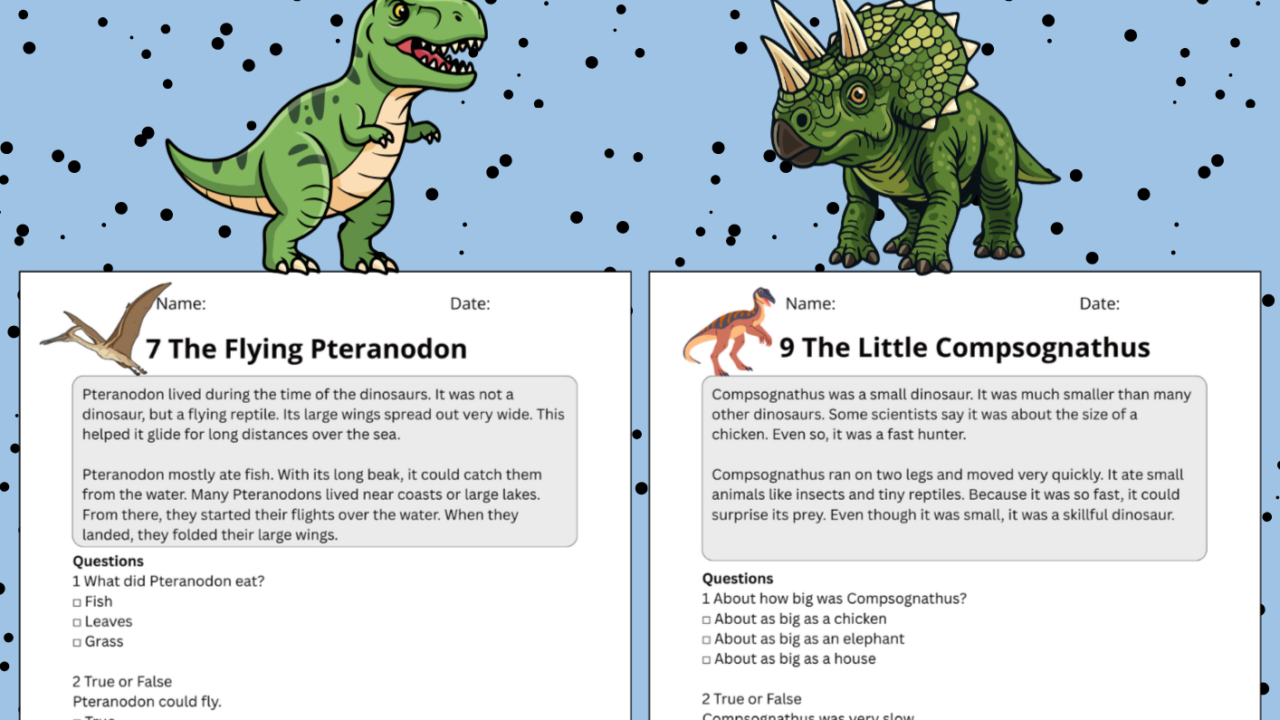 KS2 dinosaur reading comprehension worksheets cover image