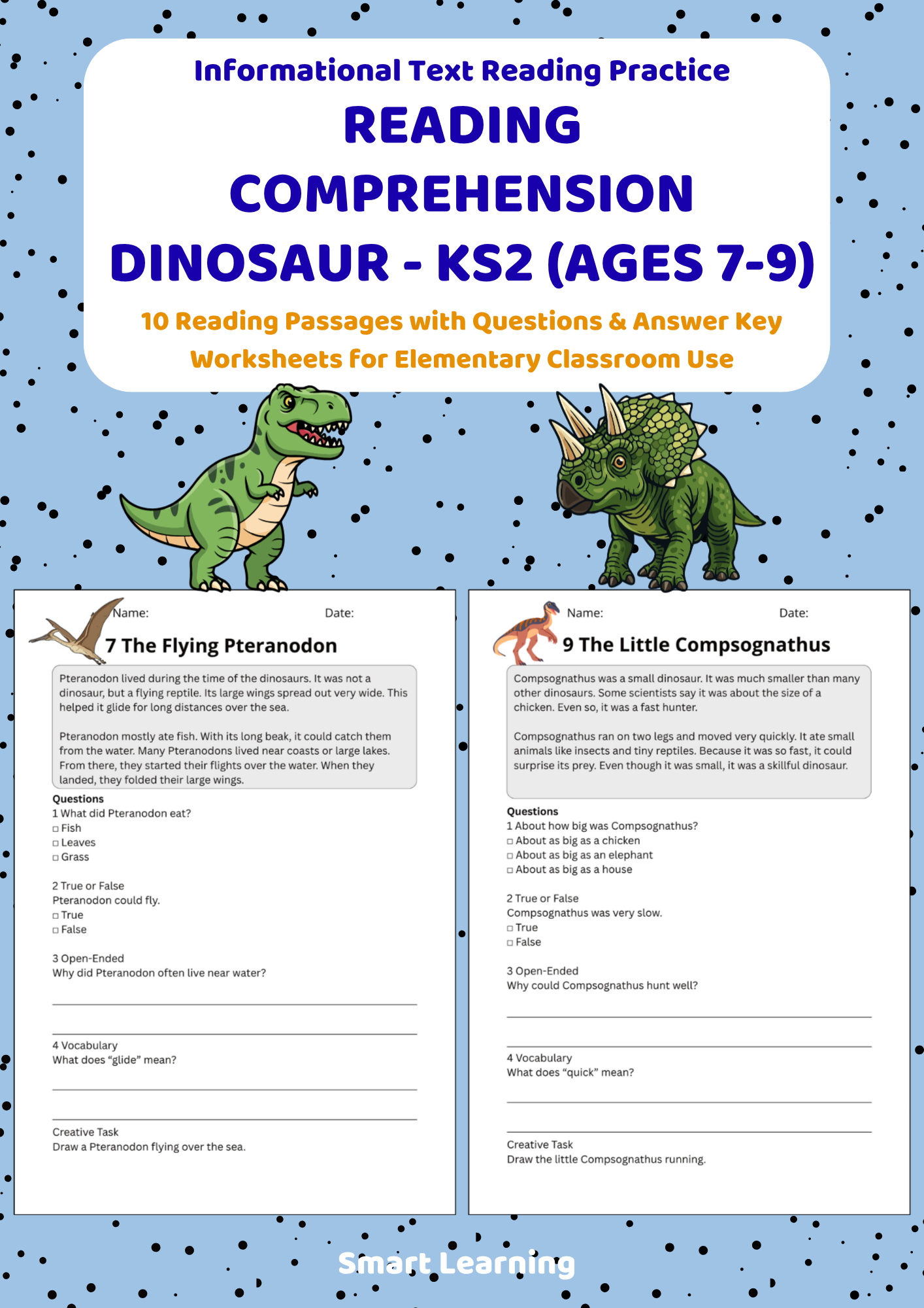KS2 dinosaur reading comprehension worksheets cover image