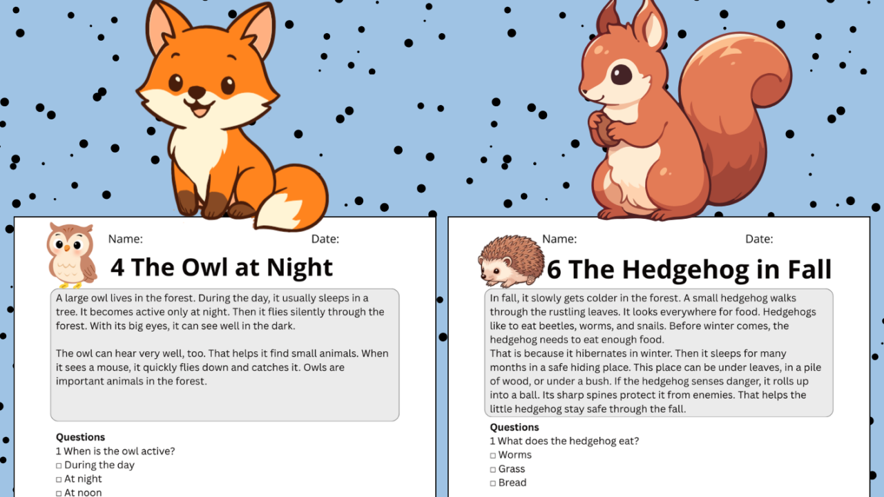 Forest animals reading comprehension worksheets for KS2