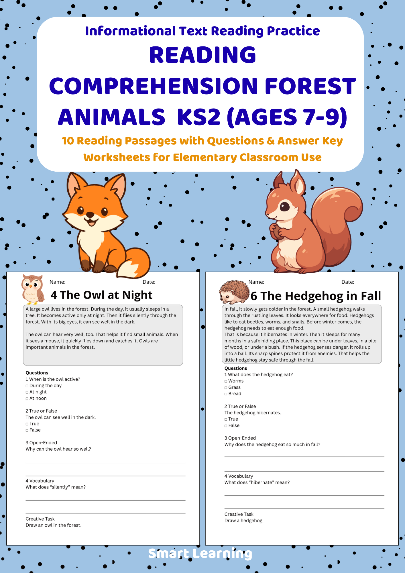 Forest animals reading comprehension worksheets for KS2
