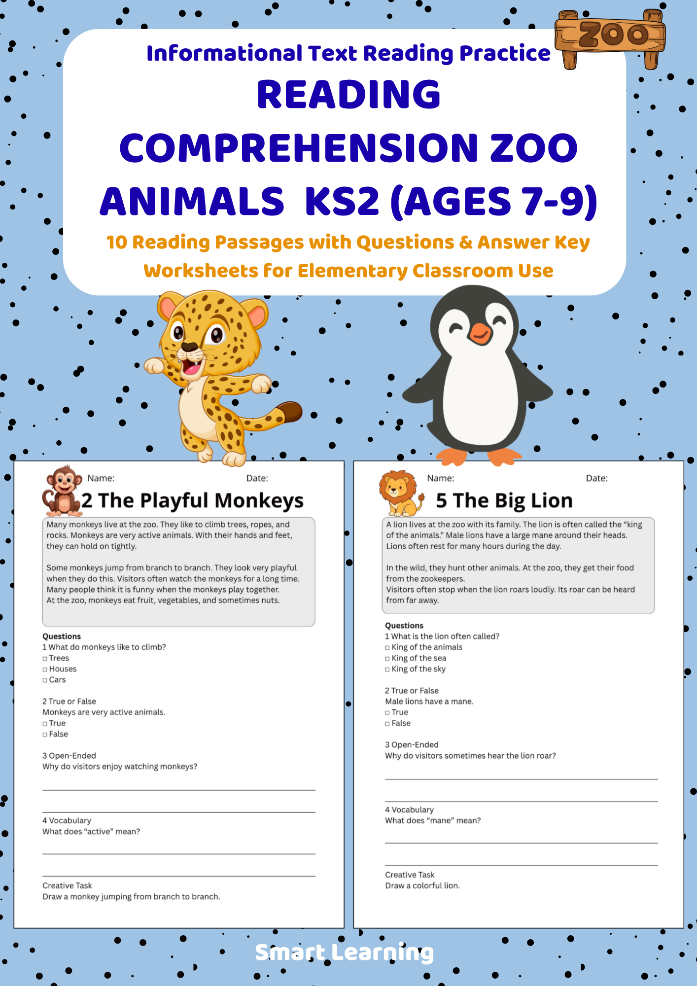 KS2 zoo animals reading comprehension worksheets cover