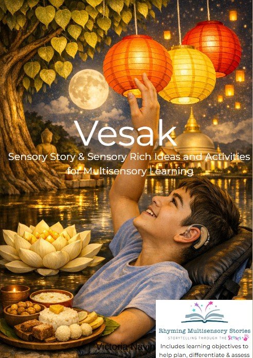 Boy reaching for lanterns during Vesak celebration
