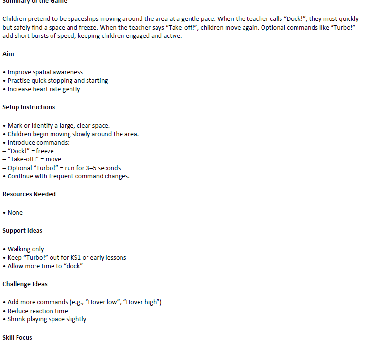 Spaceship Docking children's movement game instructions