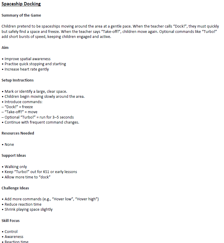 Spaceship Docking children's movement game instructions