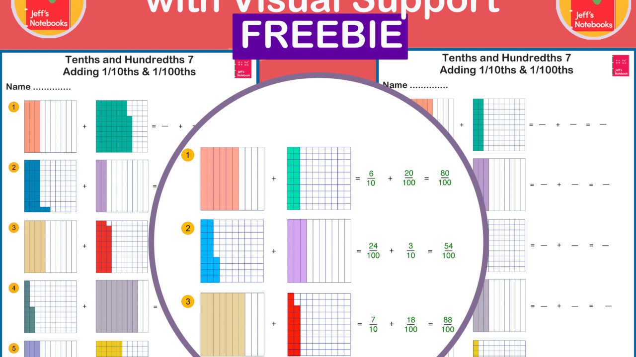 Worksheet for adding tenths and hundredths visually