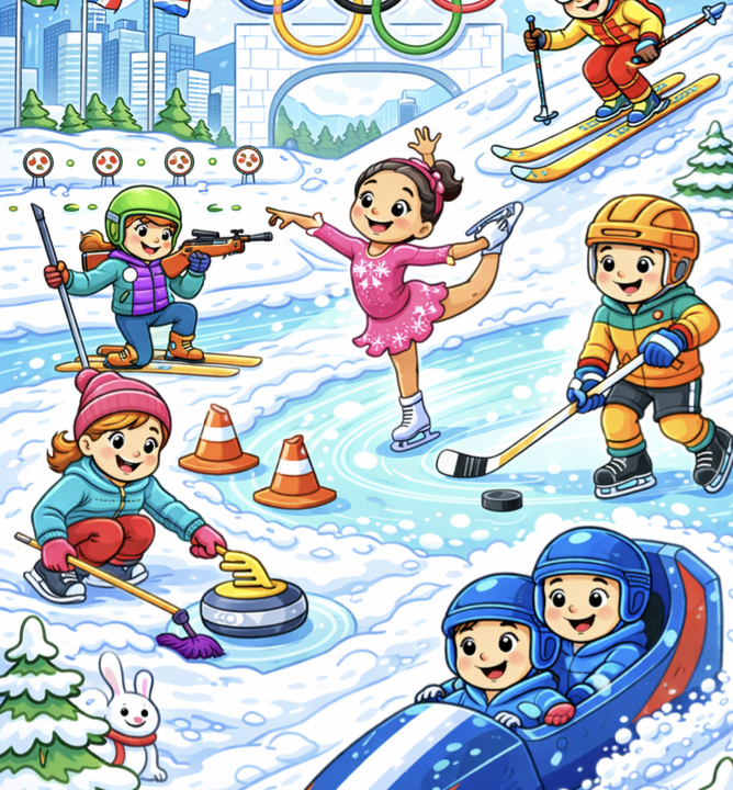 Children enjoying winter sports beneath Olympic rings